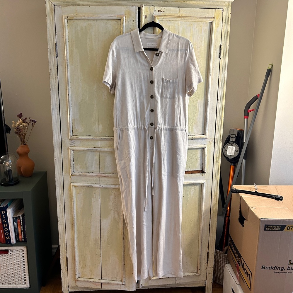 Light Beige Short-Sleeve Button-Front Jumpsuit